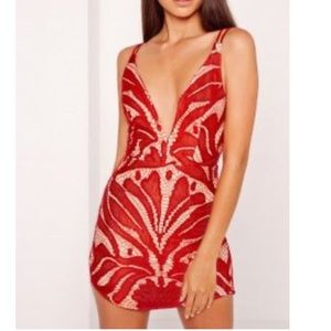 Strappy plunge lace contrast dress red